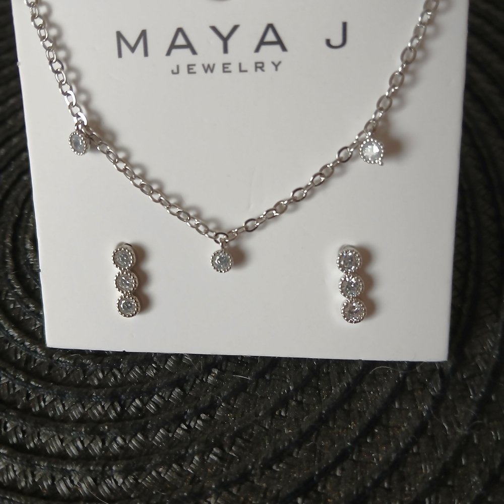 Maya J White Gold Rhodium Plated Dangle Bezel  Necklace and Earring Set